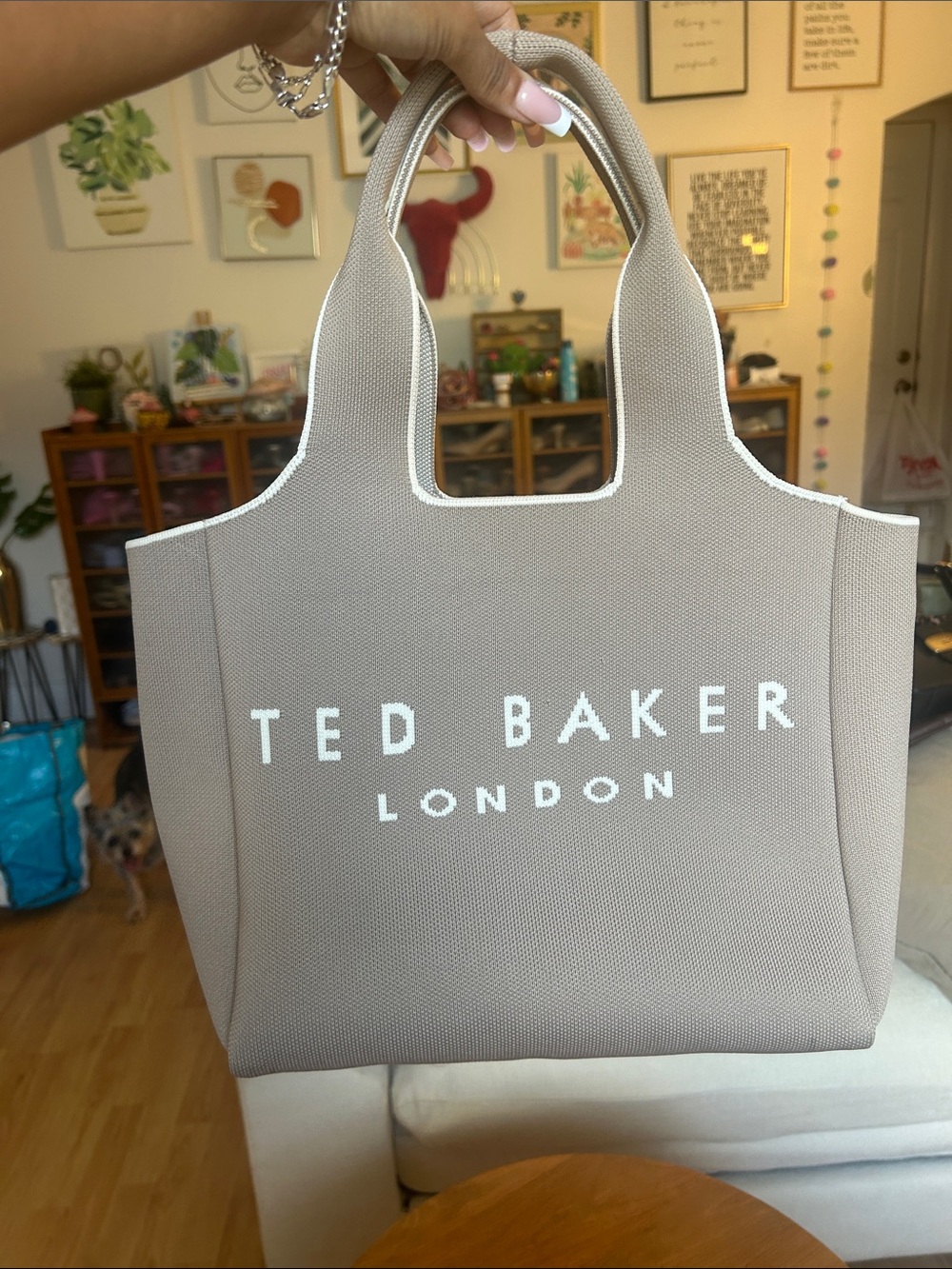 Ted Baker Neutral Taupe Canvas Shopper Tote with White Logo - Picture 2 of 11
